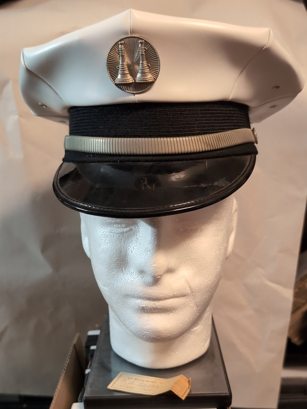 Vintage Bancroft White  Black Officer-Style Cap Fire department Silver Emblem